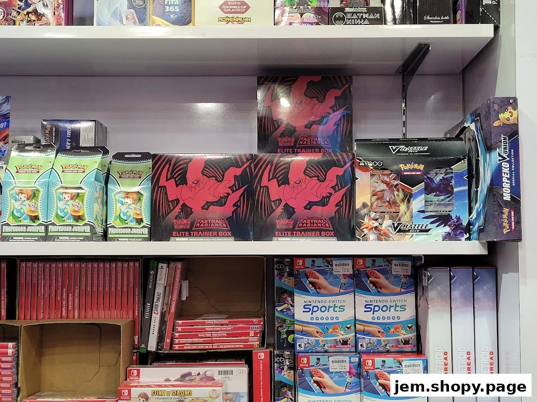 Shelves stocked with Pokémon trading cards, Nintendo Switch games, and other collectibles.