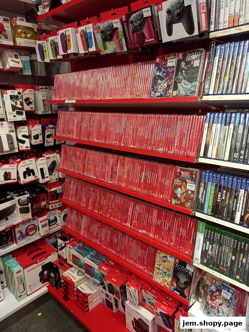 Shelves stocked with Nintendo Switch games and accessories, including controllers and game cases.