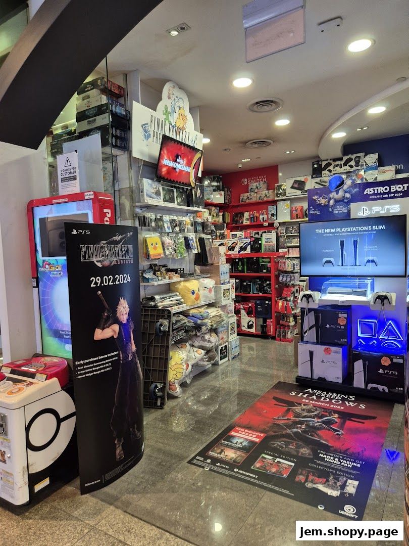 Interior view of a video game store showcasing consoles, games, and merchandise.