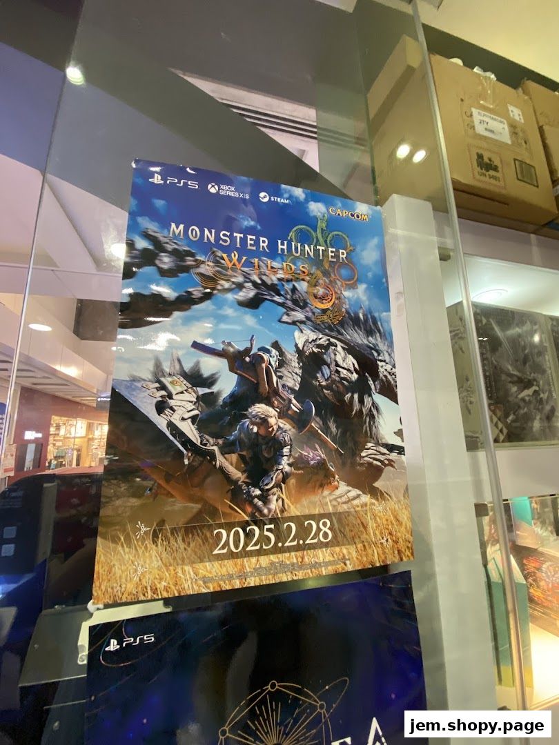 A poster for Monster Hunter Wilds game is displayed in a shop window.