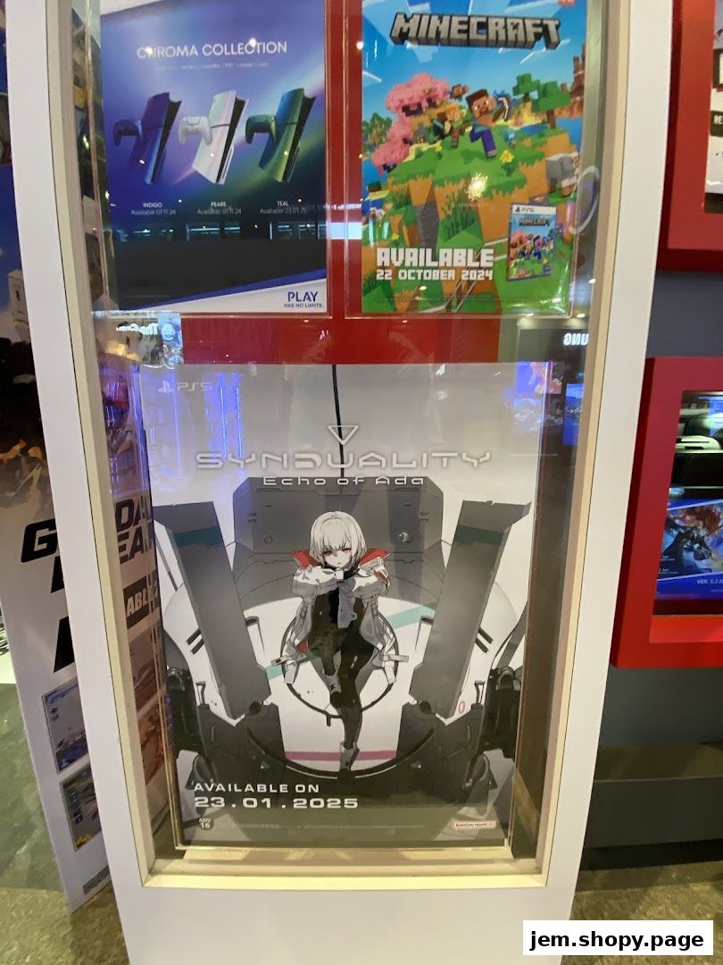 Display case featuring game posters for Minecraft and Synouality, along with PS5 console covers.