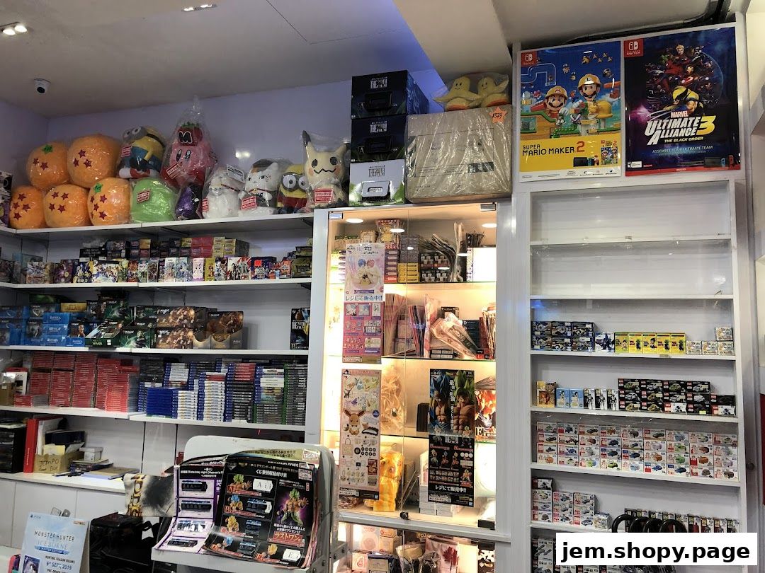 A retail shop interior displaying a variety of merchandise including plush toys, video games, and collectibles.