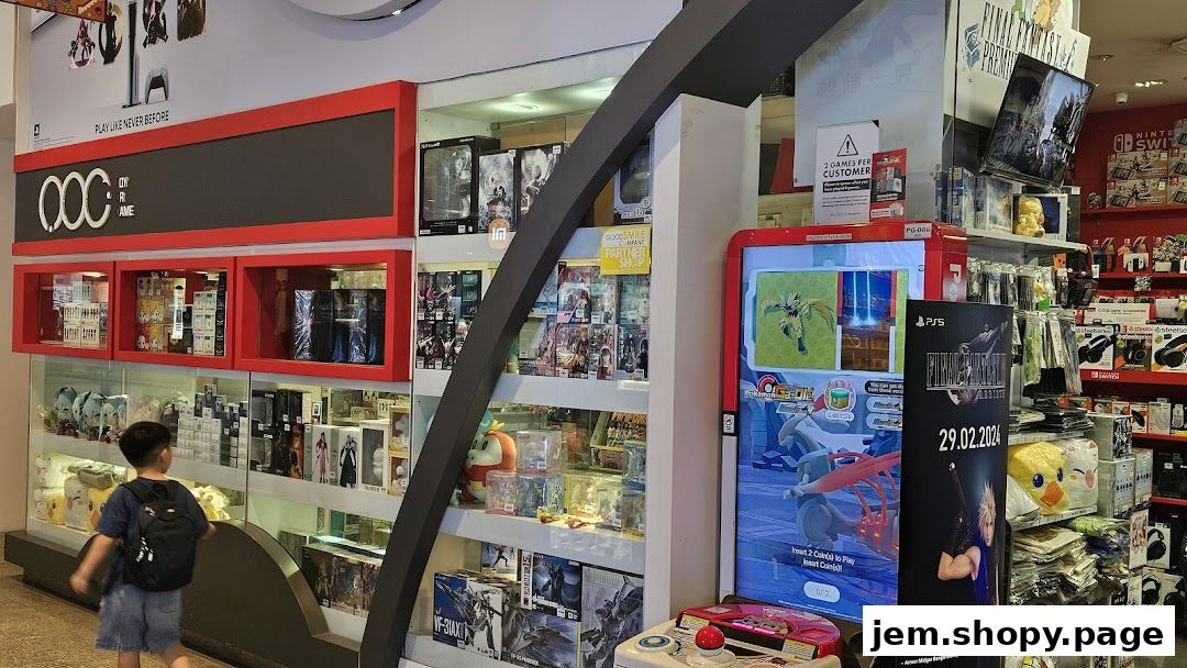 A child walks past a retail store filled with anime figures, video games, and merchandise.