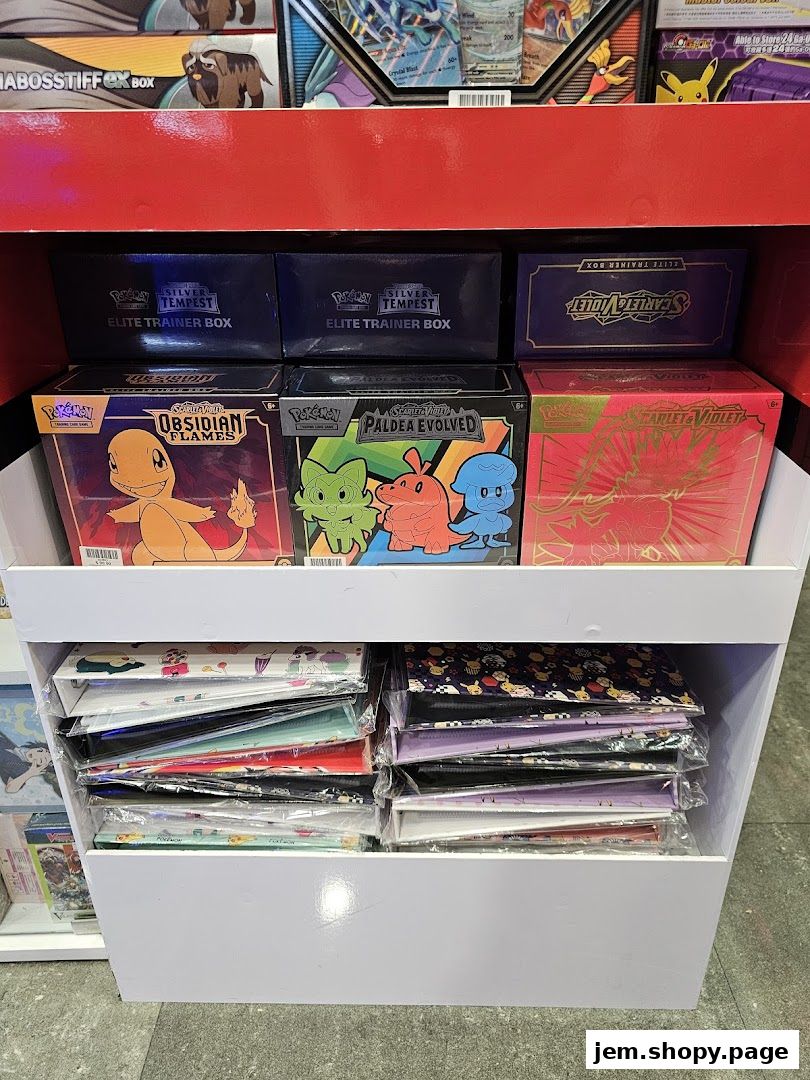 Display of Pokemon trading card game boxes and accessories, including Elite Trainer Boxes.