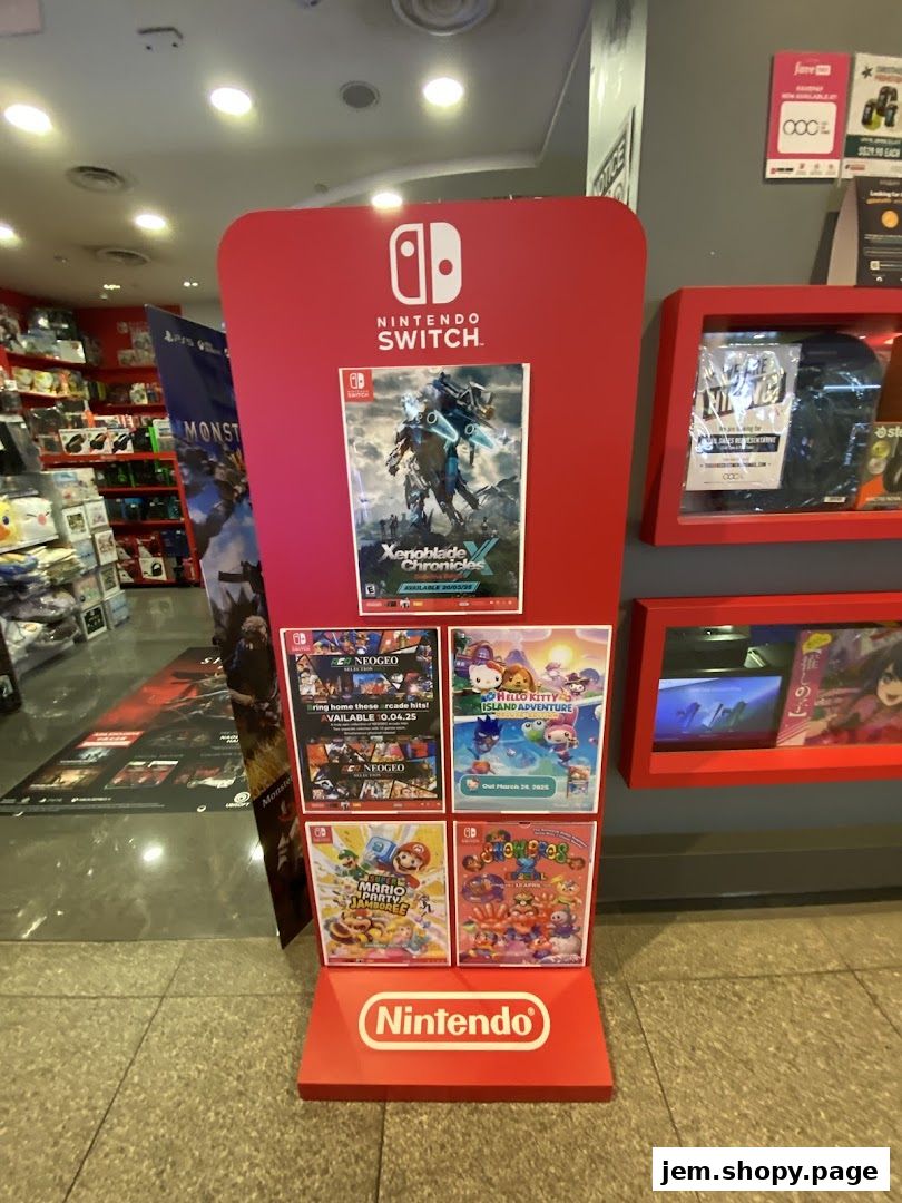 A Nintendo Switch display featuring game covers and promotional materials.