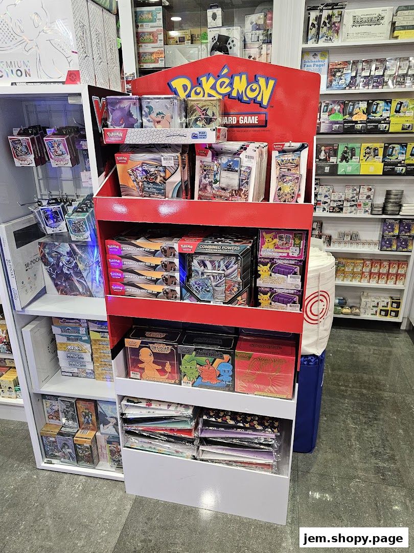 A display stand filled with Pokemon card game products and other merchandise.