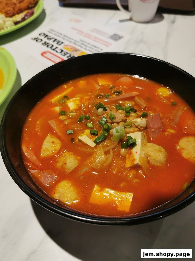 A steaming bowl of Korean kimchi stew with tofu, sausage, and vegetables.