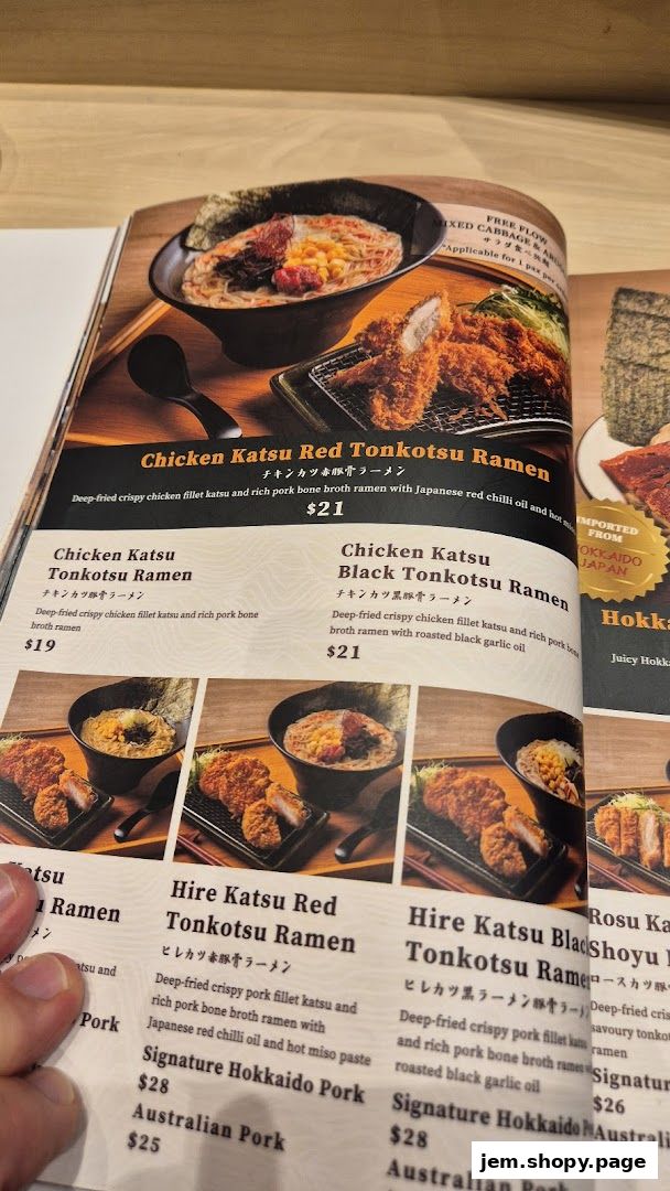 A menu from Tonkatsu ENbiton Jem featuring various tonkatsu ramen dishes.