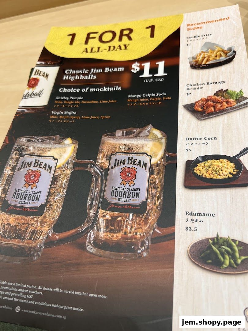 A menu featuring Jim Beam highballs, mocktails, and recommended side dishes.