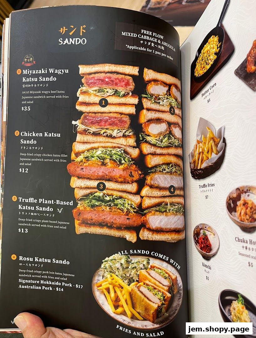 A menu showcasing various katsu sando sandwiches with sides of fries and salad.