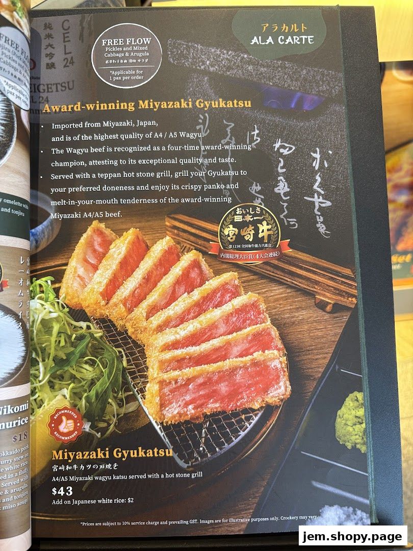 A menu page showcasing the Award-winning Miyazaki Gyukatsu with detailed description and price.
