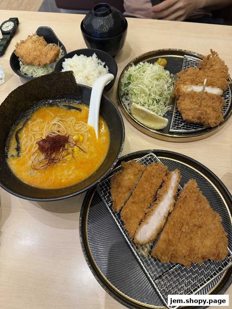 A table laden with delicious Japanese dishes, including tonkatsu, ramen, and rice.