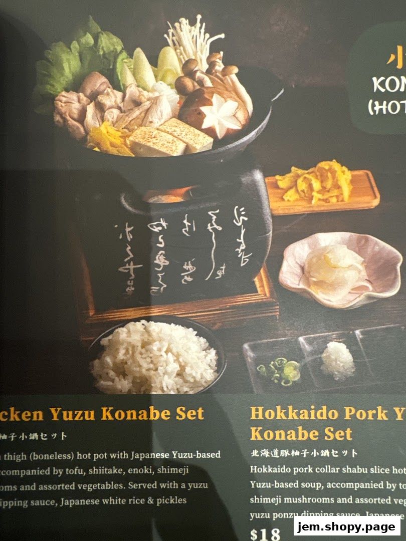A menu showcasing two Konabe sets: Chicken Yuzu and Hokkaido Pork.