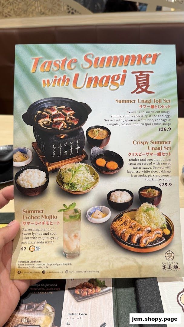 A menu showcasing summer unagi sets and a lychee mojito.