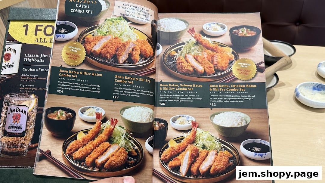 A menu featuring various katsu and ebi fry combo sets with prices and descriptions.