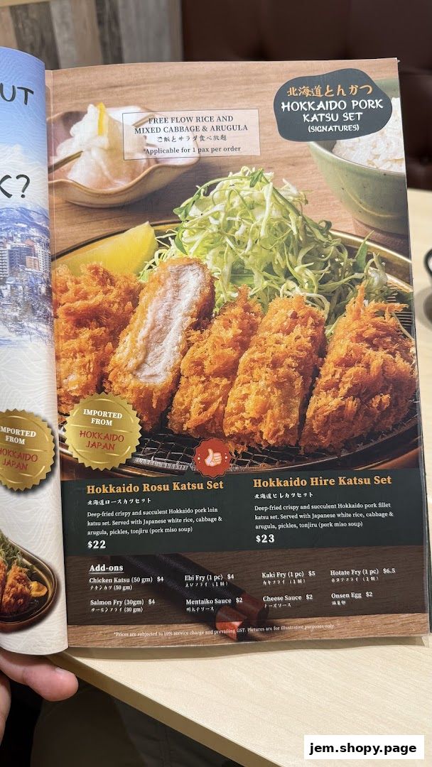 A menu page showcasing Hokkaido Pork Katsu Sets with detailed descriptions and prices.