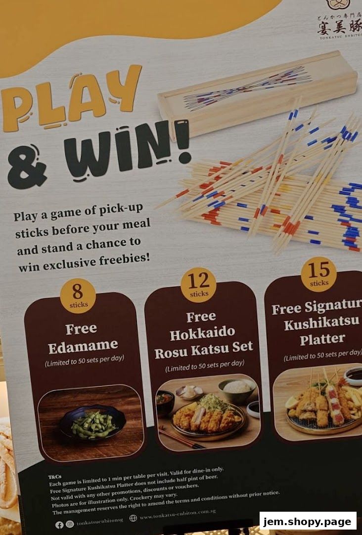 A promotional poster for Tonkatsu ENbiton Jem offering freebies with a pick-up sticks game.