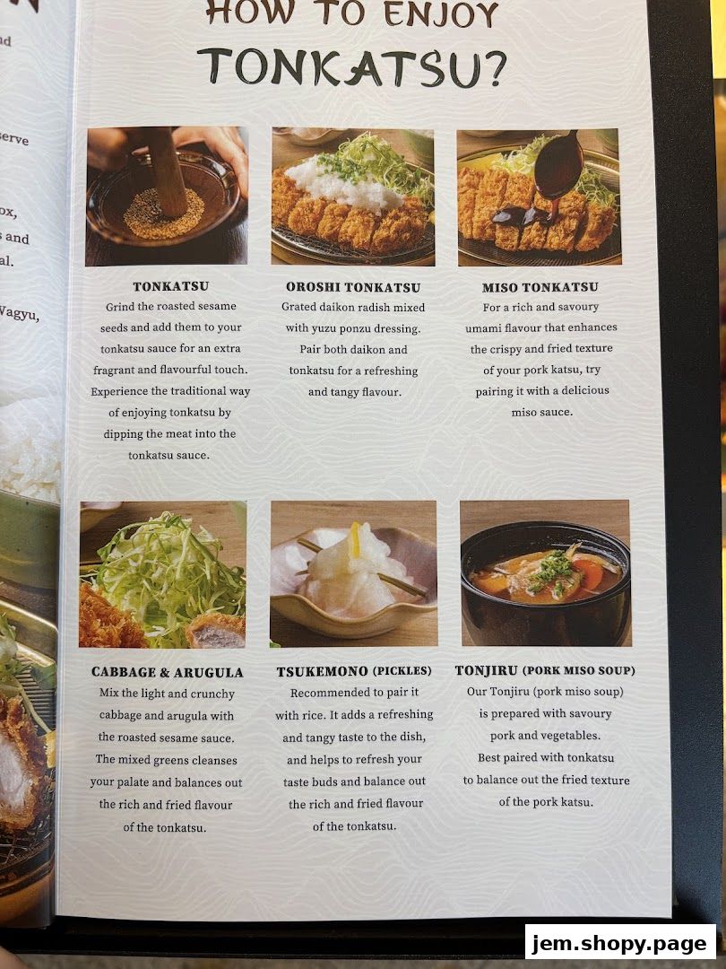 A guide on how to enjoy Tonkatsu with descriptions of various accompaniments.