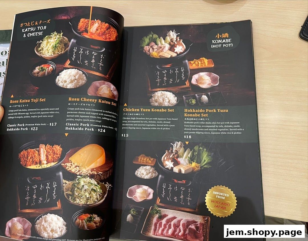 A menu from Tonkatsu ENbiton Jem featuring Katsu Toji and Konabe hot pot dishes.