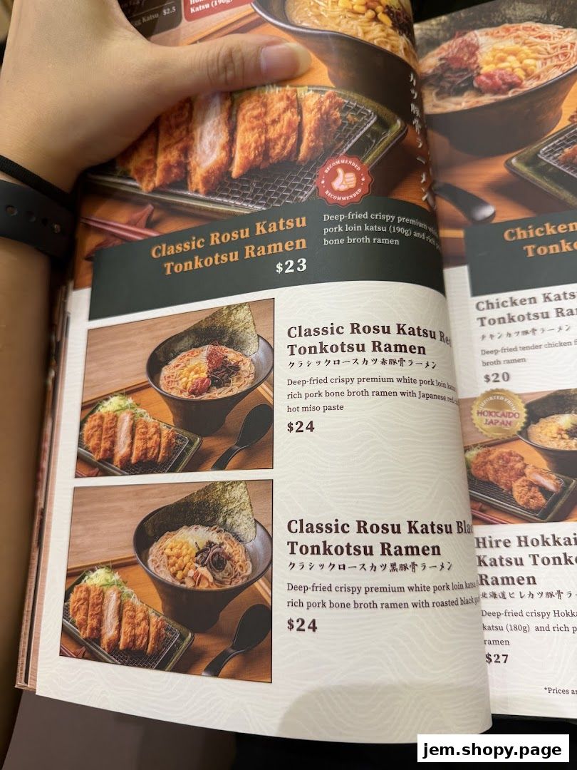 A menu page showcasing Tonkatsu Ramen dishes with images and descriptions.