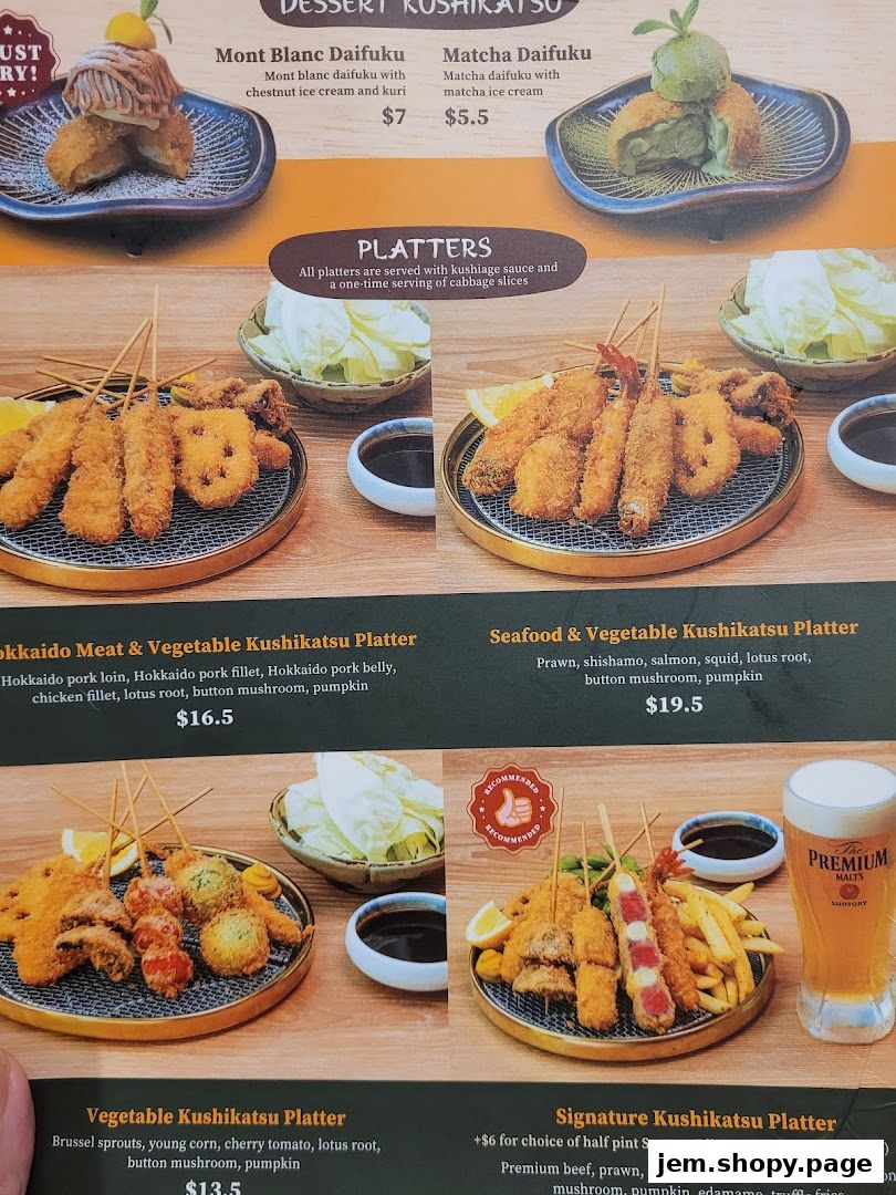 A menu showcasing various kushiatsu platters and desserts with prices.