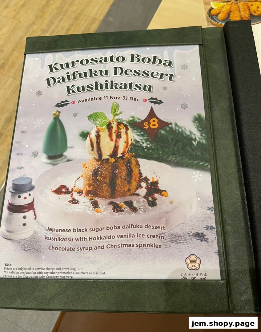 A festive dessert menu item featuring a unique katsukatsu dessert with ice cream and sprinkles.