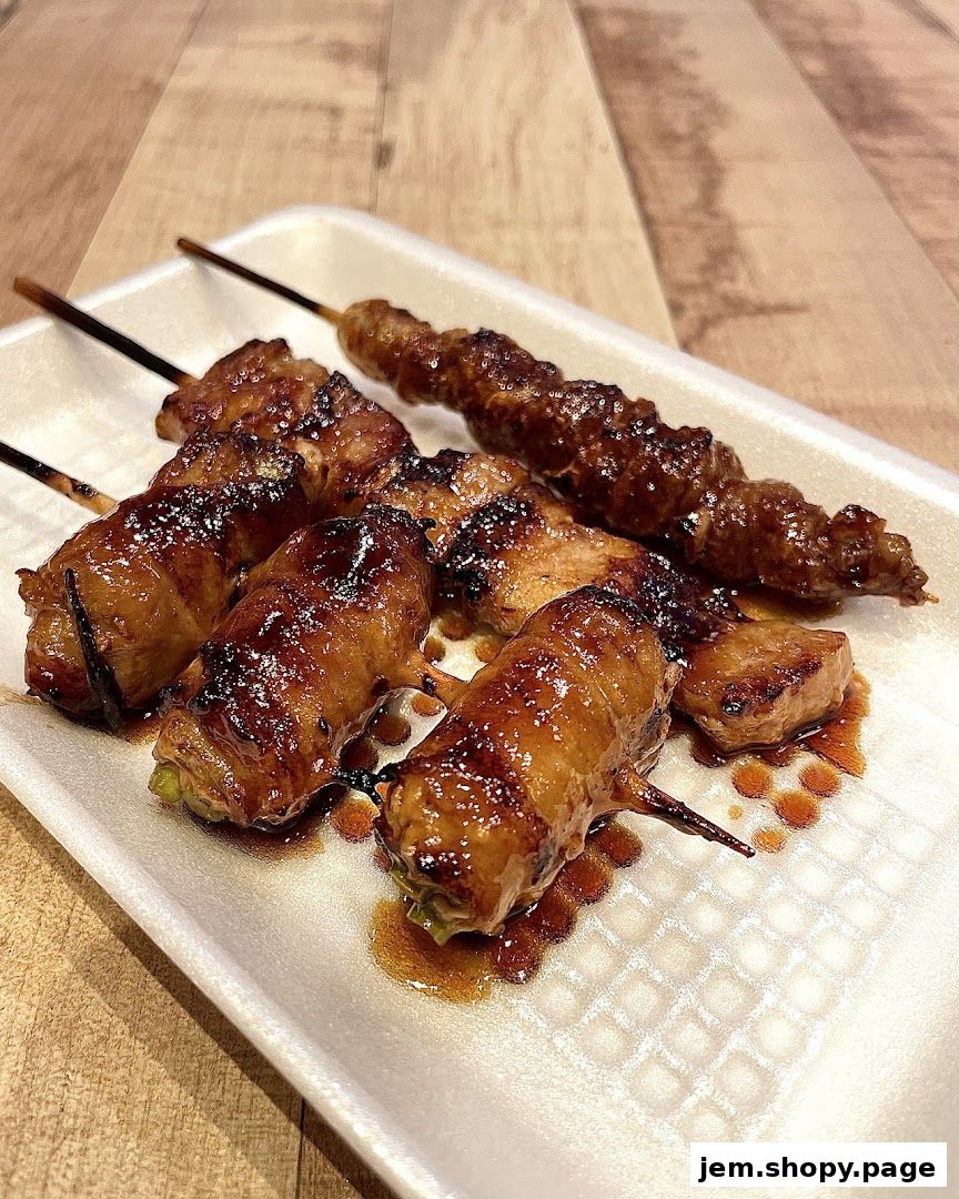 Close-up of delicious grilled skewers with a glossy glaze, served on a white tray.