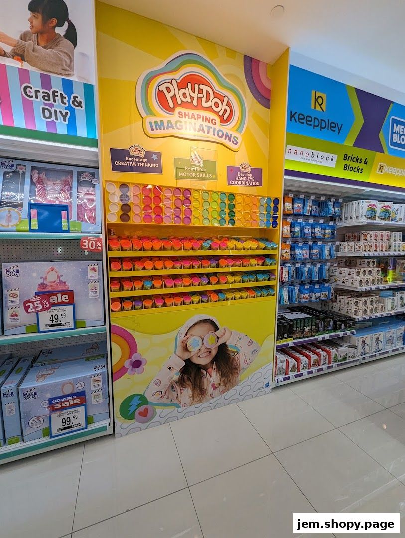 A colorful display of Play-Doh and other toys in a retail store.