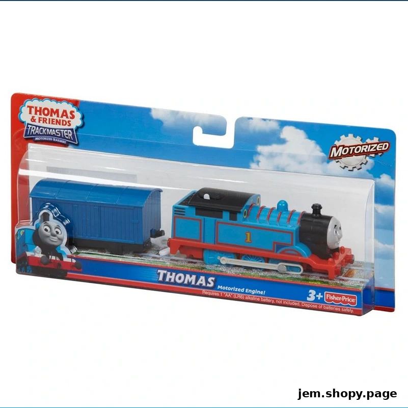 A Thomas & Friends Trackmaster motorized Thomas engine with a blue carriage.