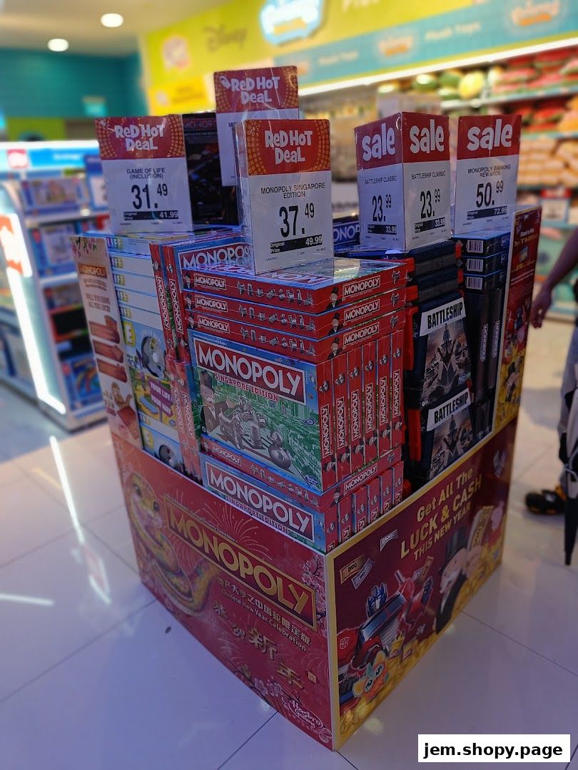 A display of board games, primarily Monopoly and Battleship, with sale and deal tags.