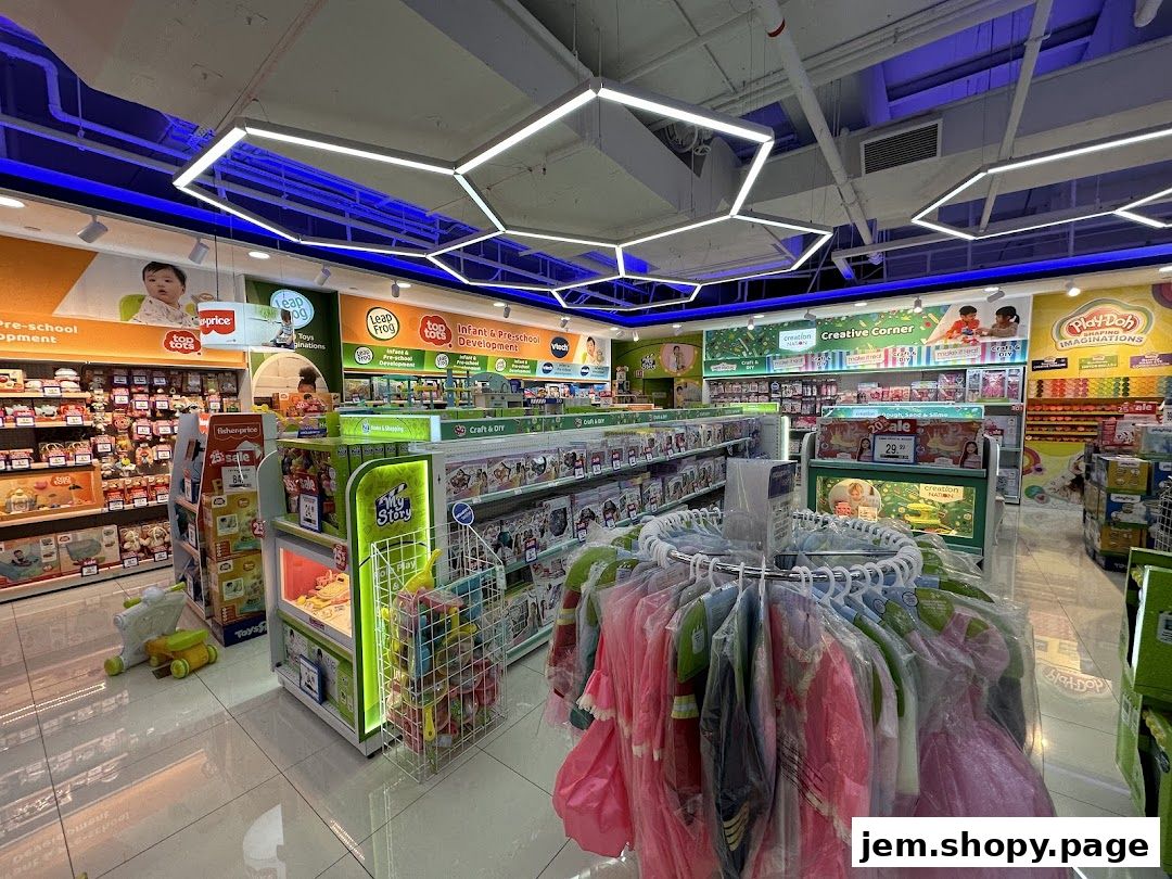 Interior view of a brightly lit Toys R Us store with various toy displays and clothing racks.