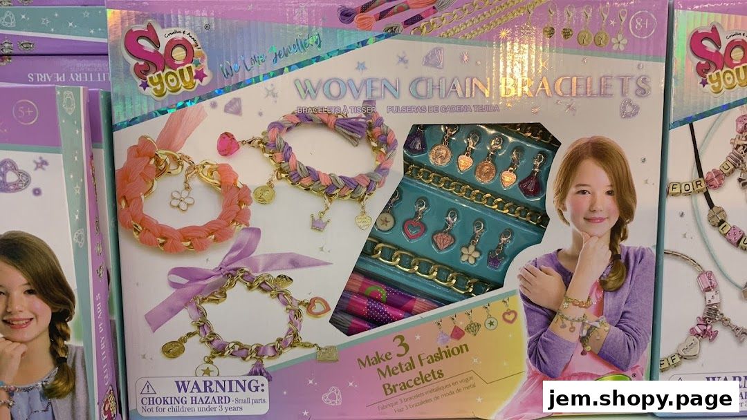 Boxes of 'So You' brand bracelet making kits for children, featuring woven chain designs.