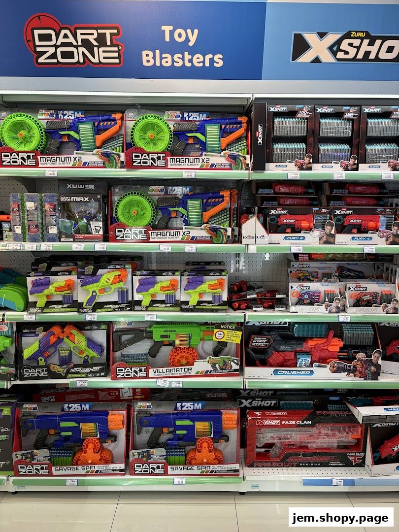 Shelves stocked with various toy blasters and accessories from Dart Zone and X-Shot.