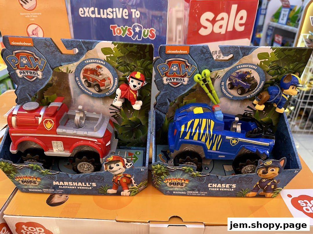 Two Paw Patrol jungle-themed transforming vehicles, Marshall's Elephant Vehicle and Chase's Tiger Vehicle.