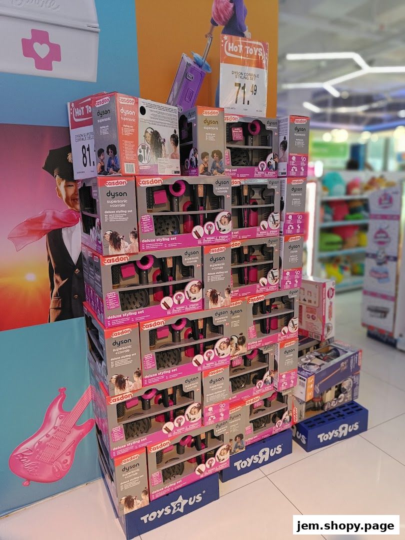 A display of Dyson styling sets and other toys at Toys R Us.