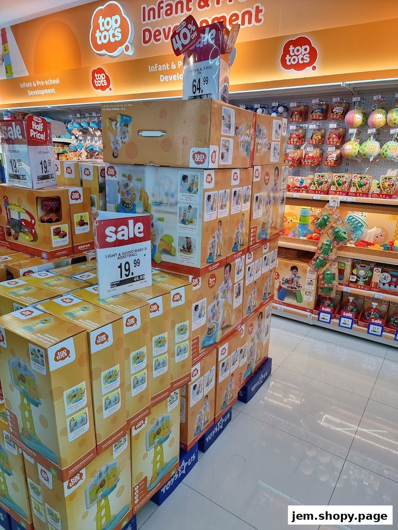 A display of stacked toy boxes, featuring infant and preschool development toys, with sale signs.