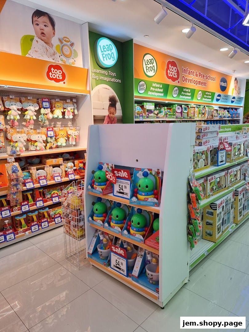 Interior view of a Toys R Us store showcasing various toys and learning products for children.