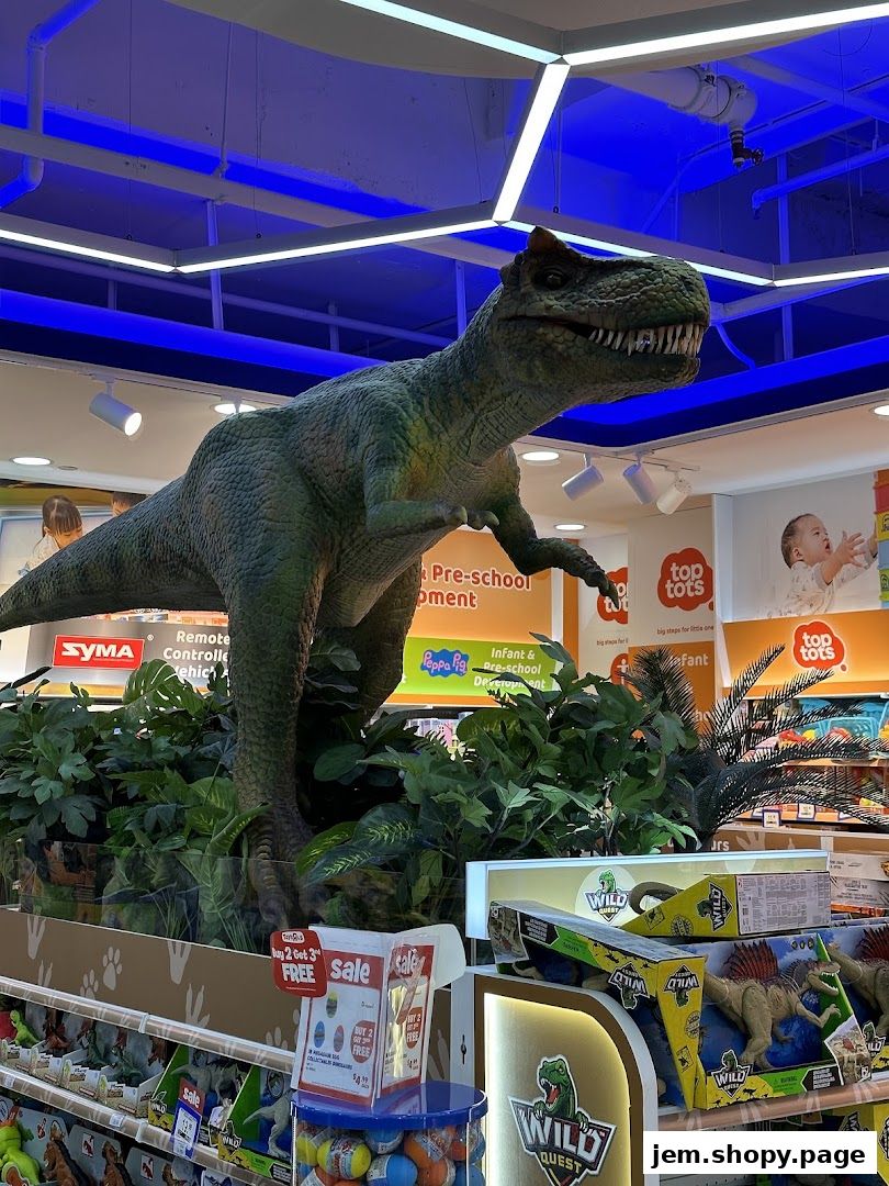 A large dinosaur model stands among plants in a toy store, with shelves of toys visible.
