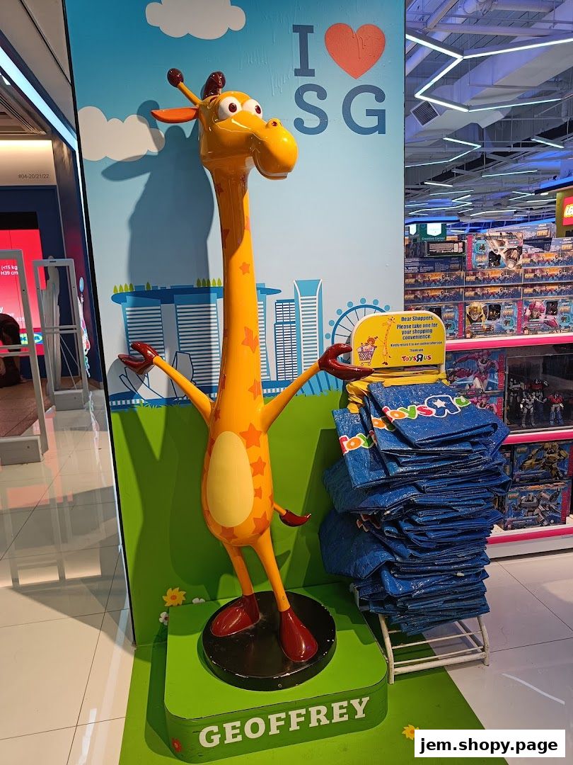 Geoffrey the giraffe mascot stands in front of a Toys R Us store with shopping bags.