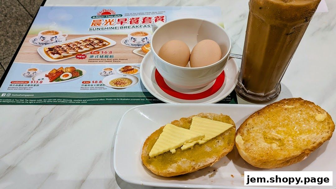 A breakfast set with toast, eggs, and a drink, alongside a menu.