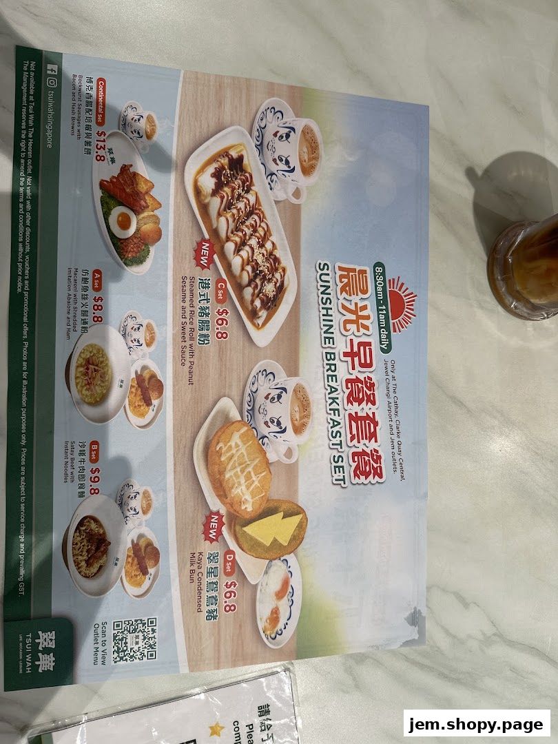 A menu for Tsui Wah's Sunshine Breakfast Set featuring various breakfast options.