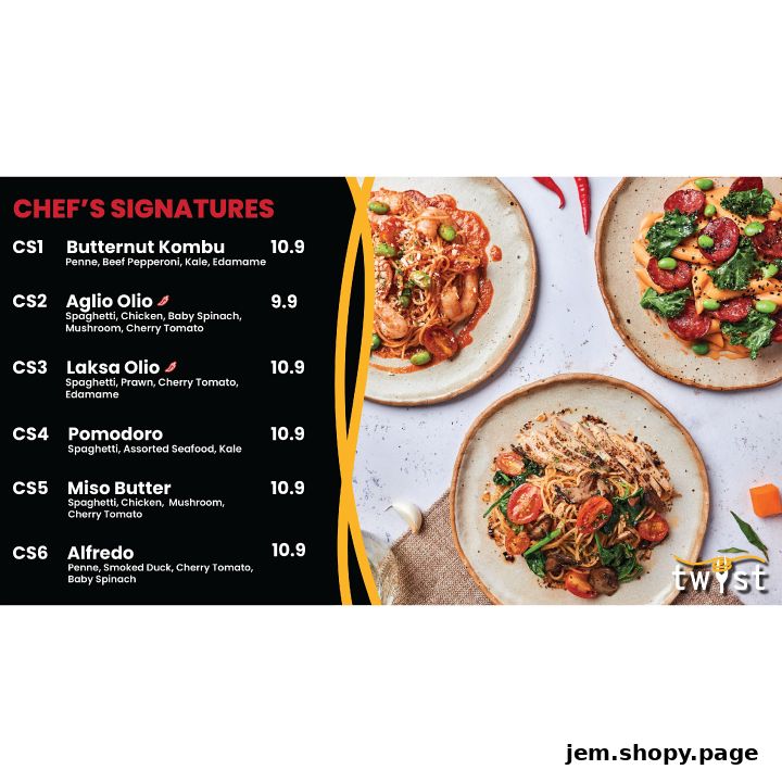 A menu showcasing Chef's Signature pasta dishes with enticing descriptions and prices.