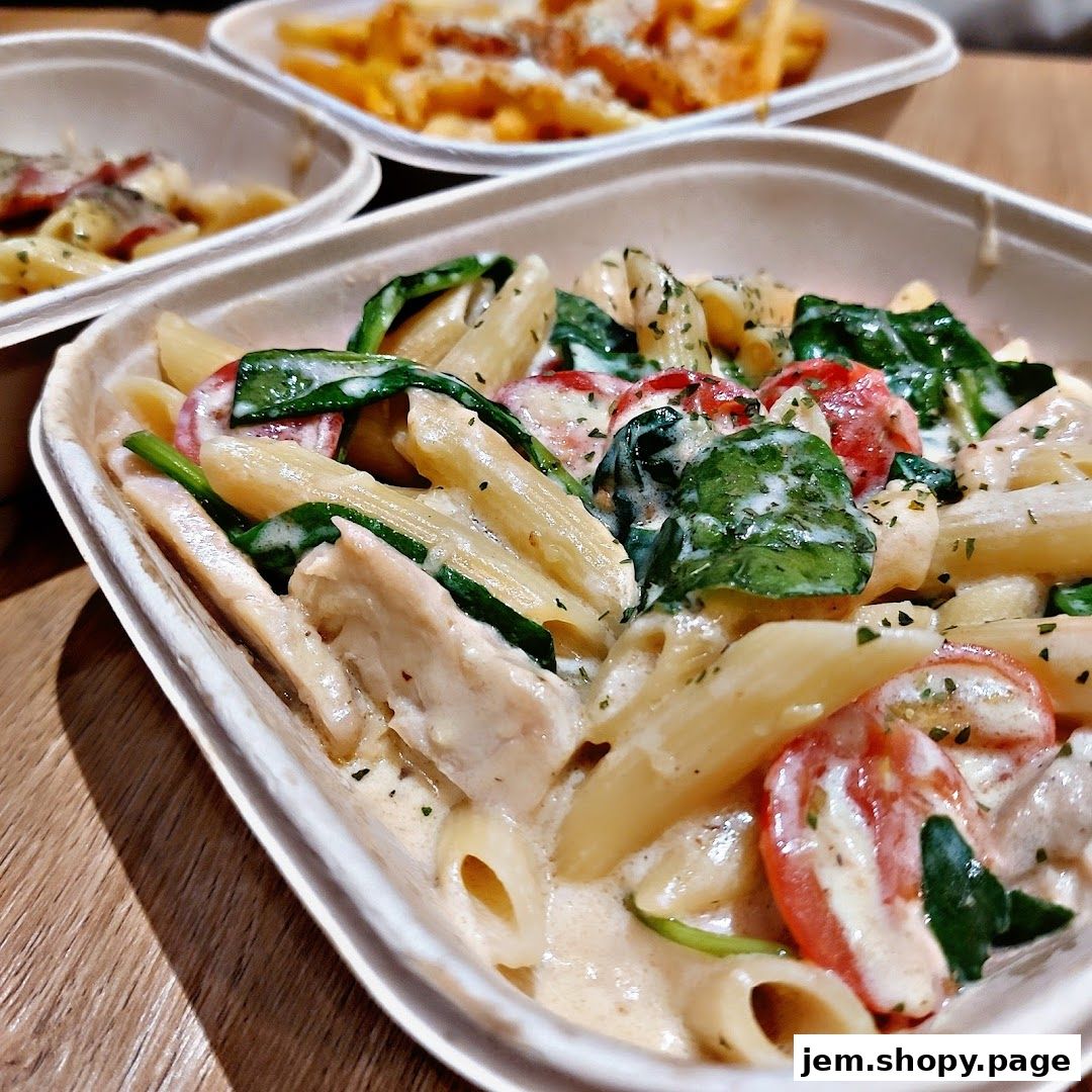 A close-up of a creamy pasta dish with chicken, spinach, and tomatoes in a takeaway container.