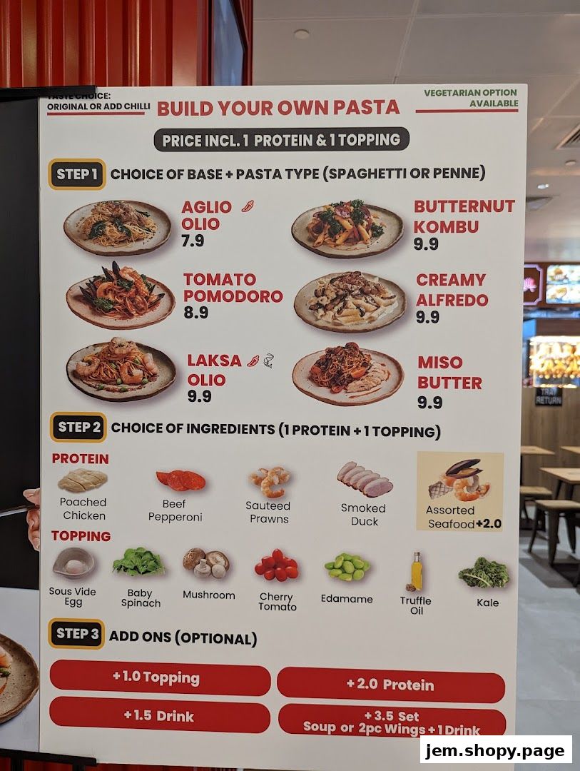 A menu board for 'Build Your Own Pasta' at Twyst, detailing choices for base, protein, and toppings.