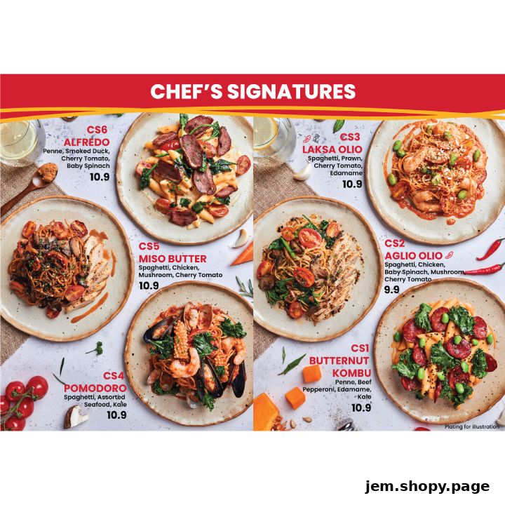 A collage of six signature pasta dishes with their names and prices.