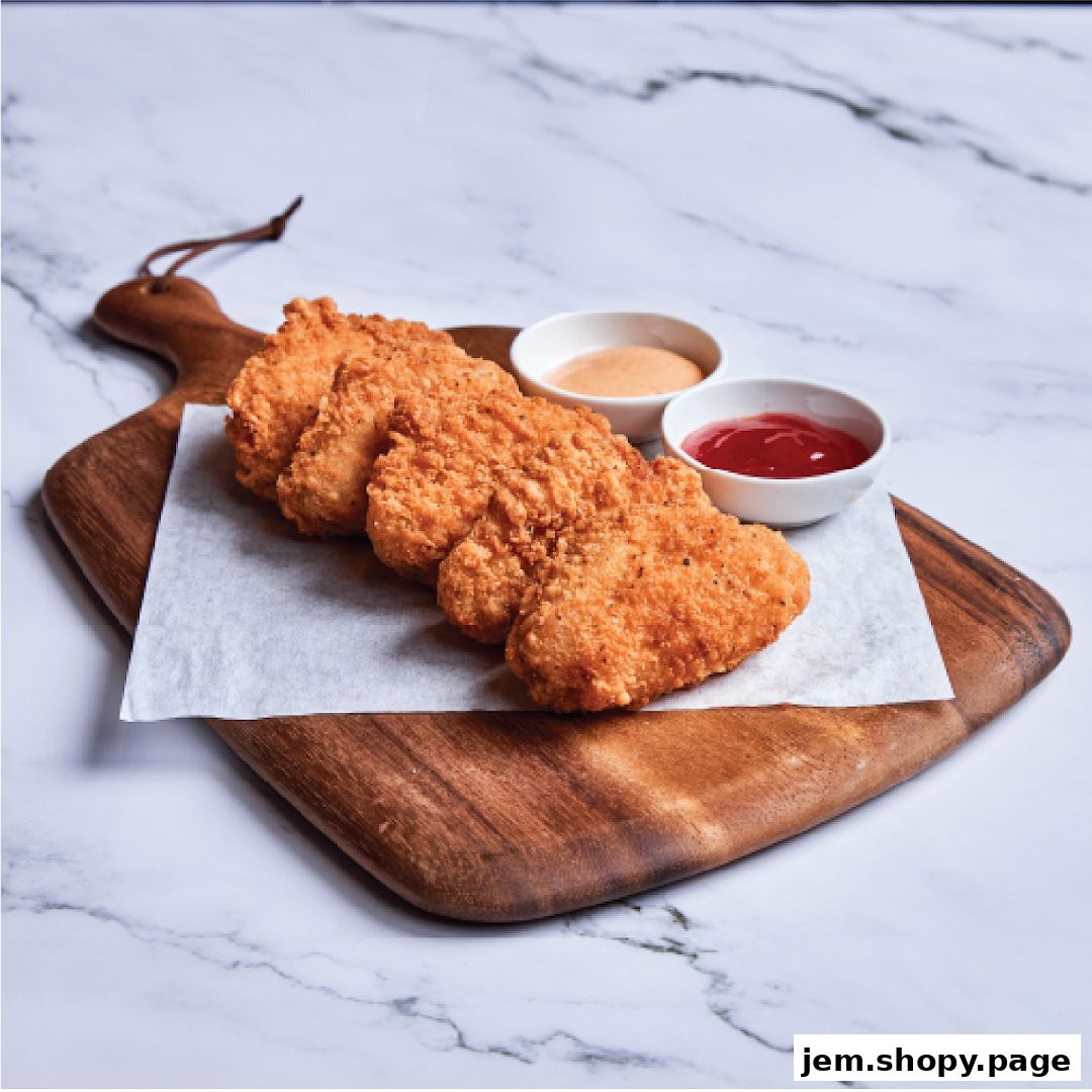 Crispy fried chicken tenders served with dipping sauces on a wooden board.
