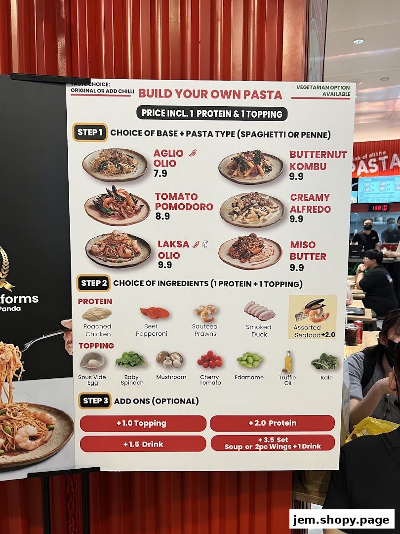 A menu board for 'Build Your Own Pasta' at Twyst, detailing choices for base, protein, and toppings.