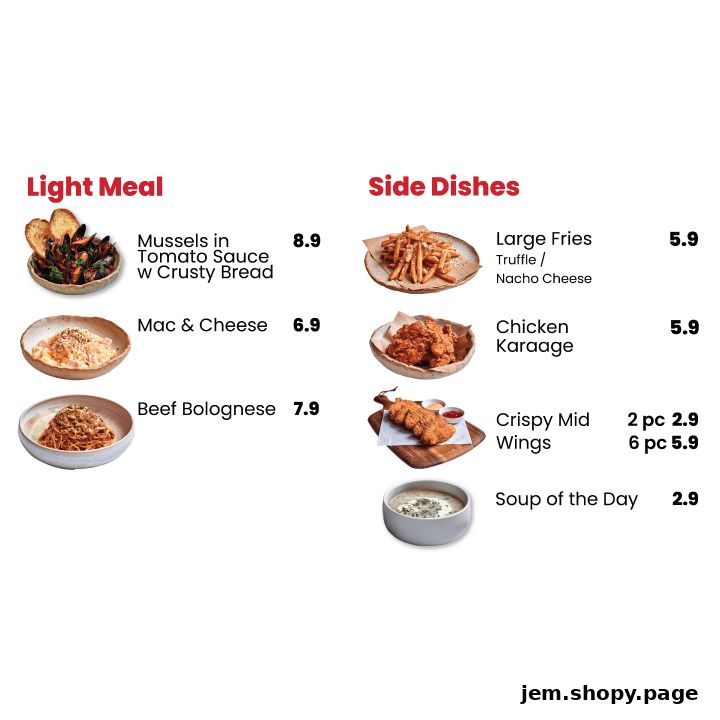 A menu display featuring light meals and side dishes with appetizing images.