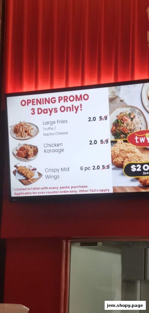 A digital menu board displaying an opening promotion for Twyst with food items and prices.
