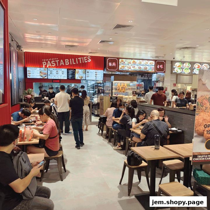 A busy food court with people dining at tables and ordering food from various stalls.